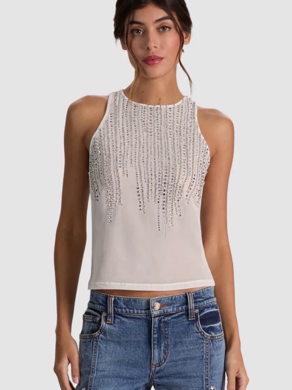 Alice + Olivia Cream Embellished Halter Mesh Tank